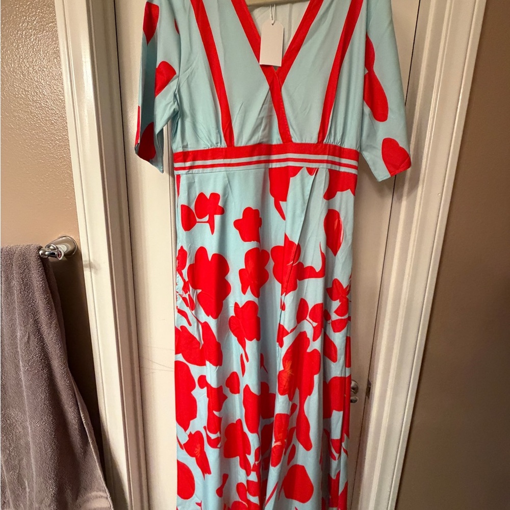 Floral V-Neck Dress in Red and Light Blue